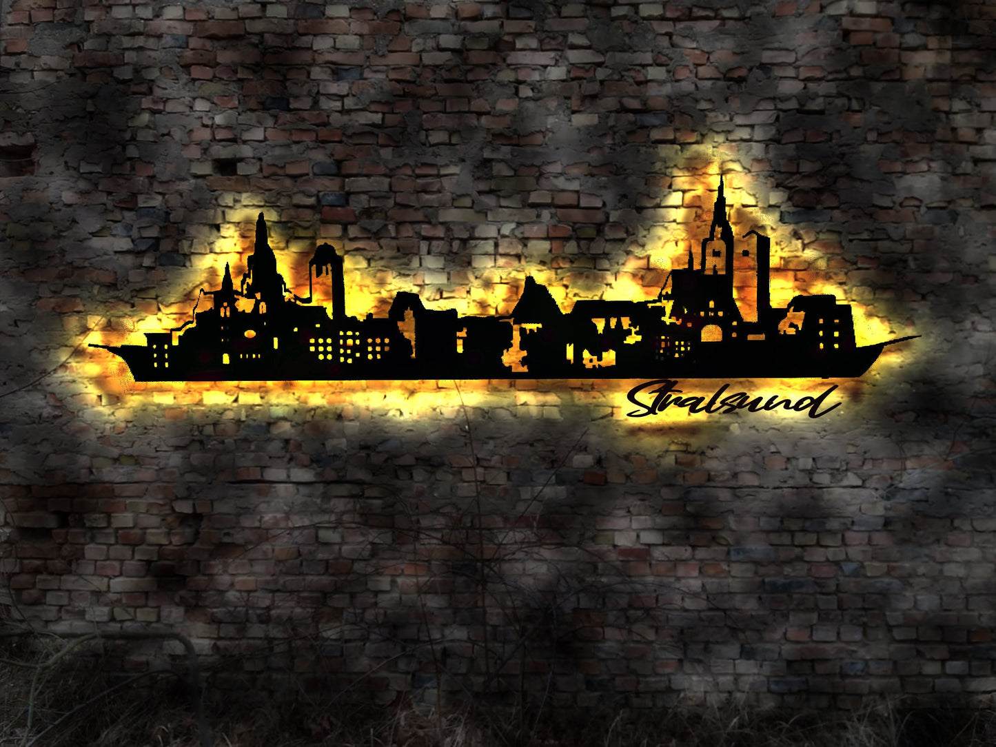 Skyline Stralsund LED Wandbild Holz Stadt AK Karte Map Stadtplan Wandsticker Leuchtbild Neonreklame Wandtattoo Reiseführer Silhouette