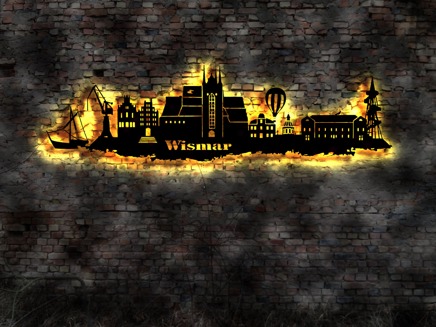 Skyline Wismar Hafen LED Wandbild Holz Stadt AK Karte Map Stadtplan Wandsticker Leuchtbild Neonreklame Wandtattoo Reiseführer Silhouette