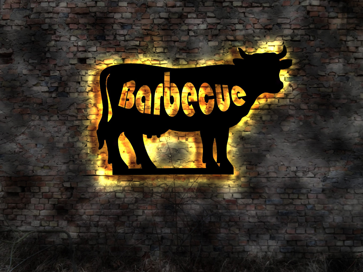 Kuh Cow Rind Gaststätte BBQ Neon sign Schild Grill Imbiss Leuchtreklame Leuchtschild sign Neonreklame Poster Bild Plakat LED Barbeque