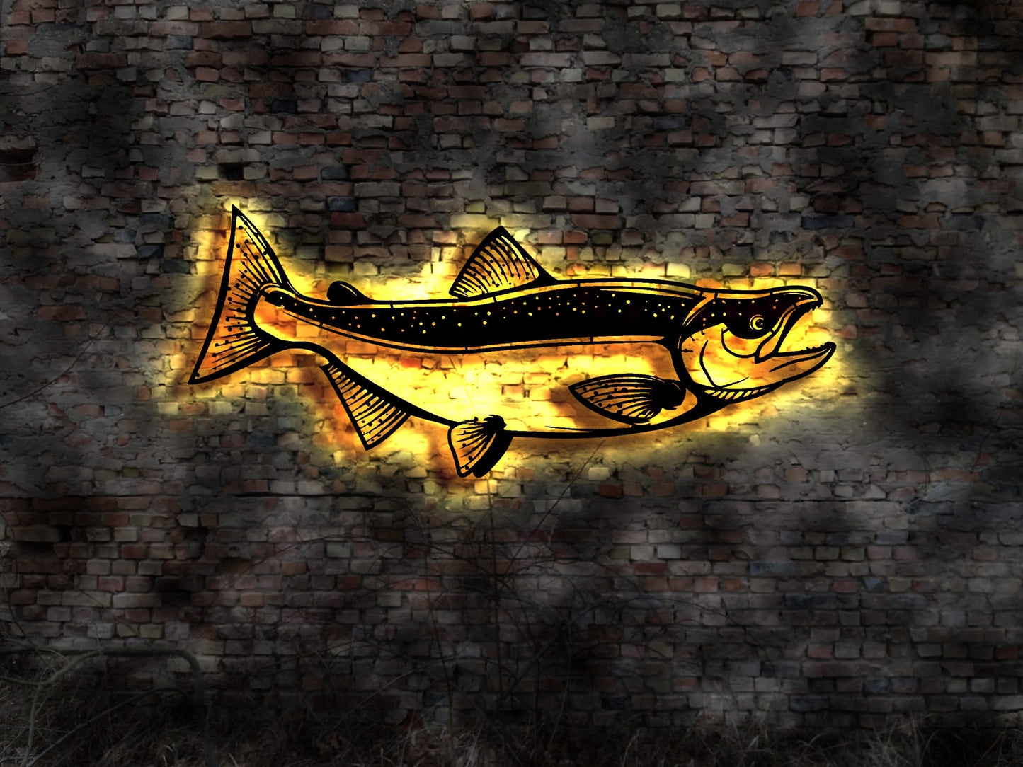 Lachs Fisch Restaurant Köder Buch Angler Wobbler Raubfischköder Neon sign Werbung Leuchtschild Fischerei Kaviar Lachsbrötchen Räucherlachs