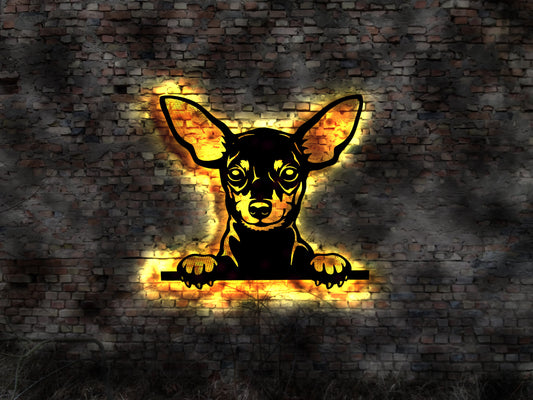 Miniaturpinscher Pinscher Zwergpinscher LED Wandbild aus Holz Welpen Welpe Buch Hund Dog Zucht Züchter Führleine Plüschtier Skulptur
