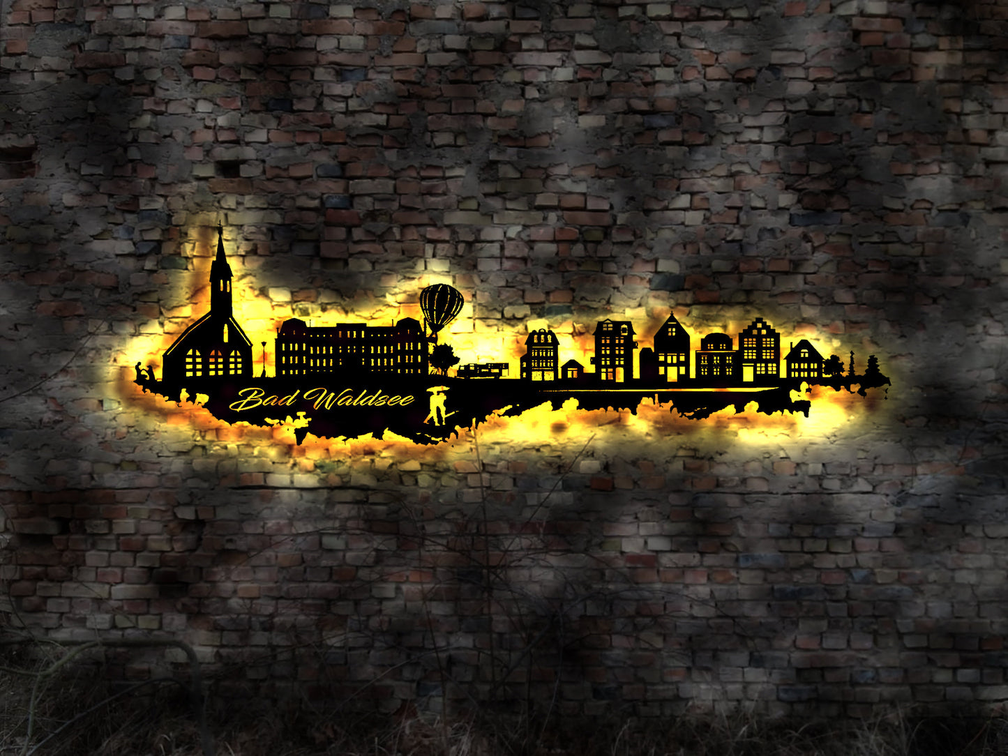 Skyline Bad Waldsee LED Wandbild Holz Stadt AK Karte Map Stadtplan Wandsticker Leuchtbild Neonreklame Wandtattoo Reiseführer Silhouette