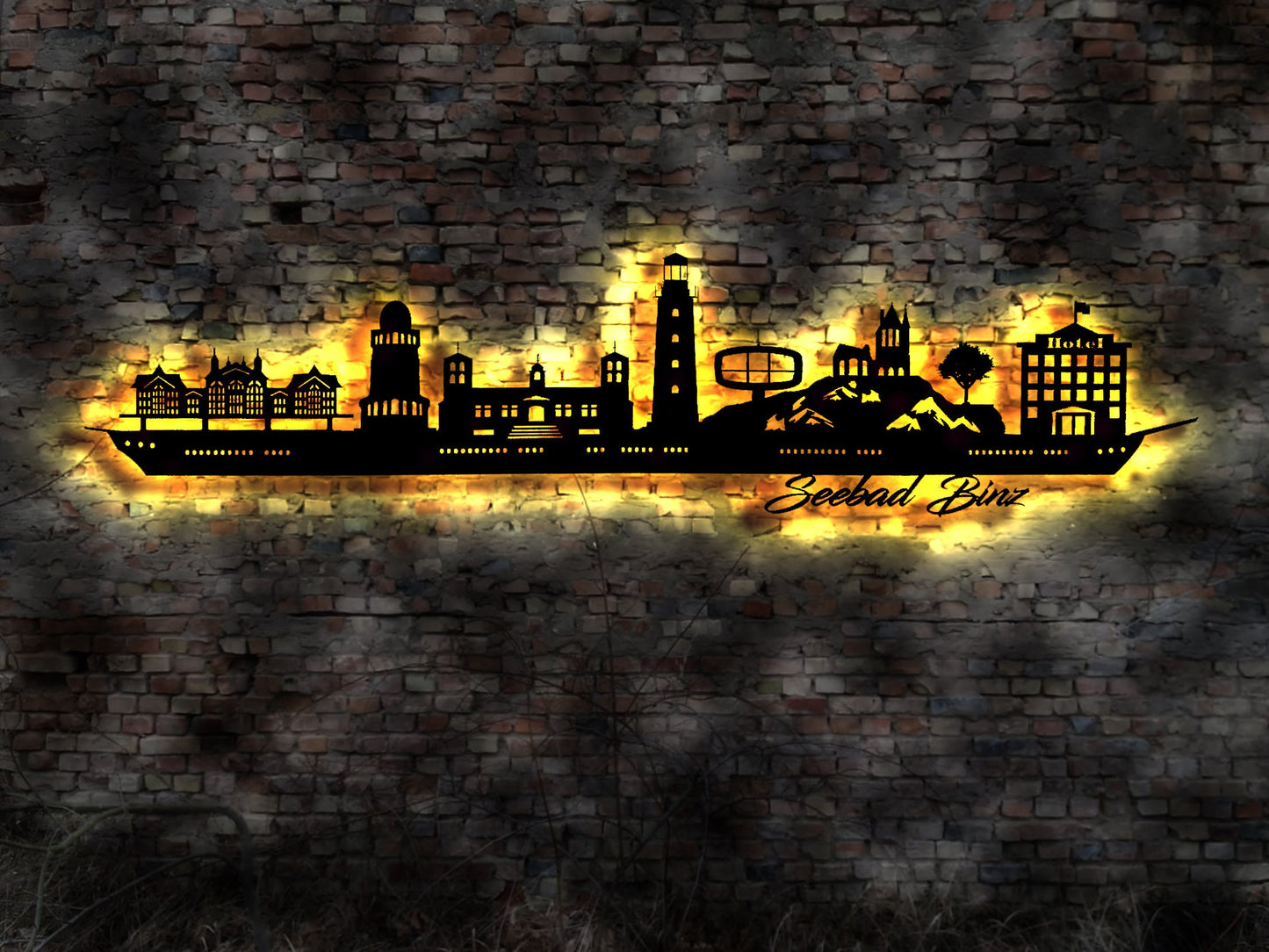 Skyline Ostseebad Binz Rügen Wandbild Holz Stadt AK Karte Map Stadtplan Wandsticker Leuchtbild Neonreklame Wandtattoo Reiseführer Silhouette