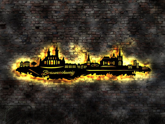 Skyline Braunschweig LED Wandbild Holz Stadt AK Karte Map Stadtplan Wandsticker Leuchtbild Neonreklame Wandtattoo Reiseführer Silhouette