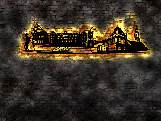 Skyline Celle LED Wandbild Holz Stadt AK Karte Map Stadtplan Wandsticker Leuchtbild Neonreklame Wandtattoo Reiseführer Silhouette