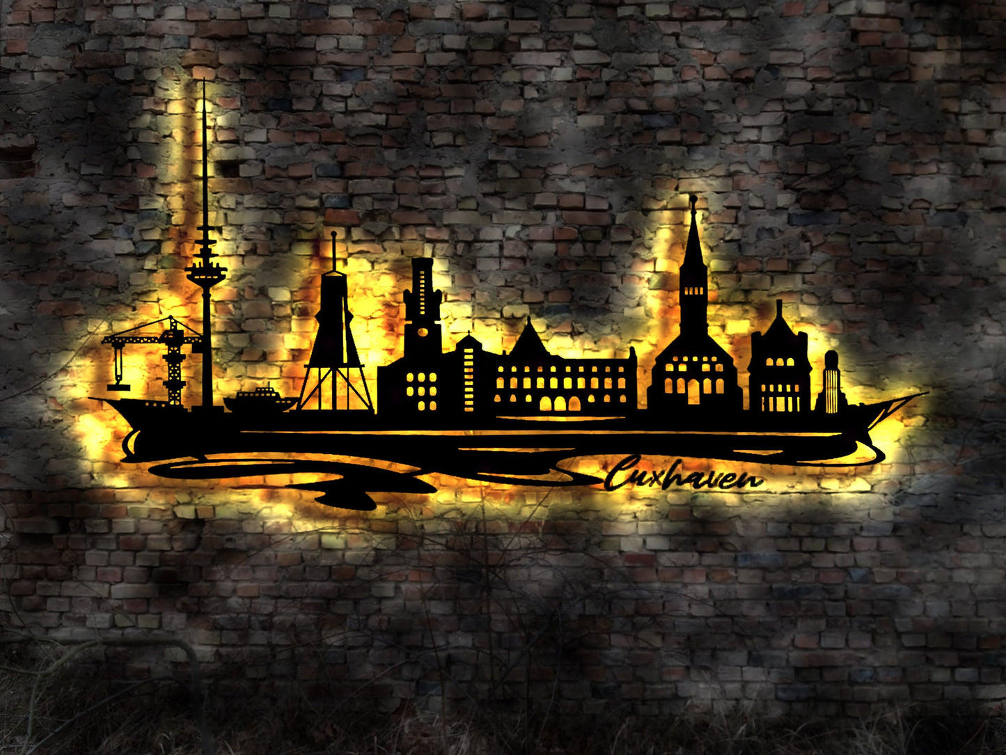 Skyline Cuxhaven   LED Wandbild Holz Stadt AK Karte Map Stadtplan Wandsticker Leuchtbild Neonreklame Wandtattoo Reiseführer Silhouette