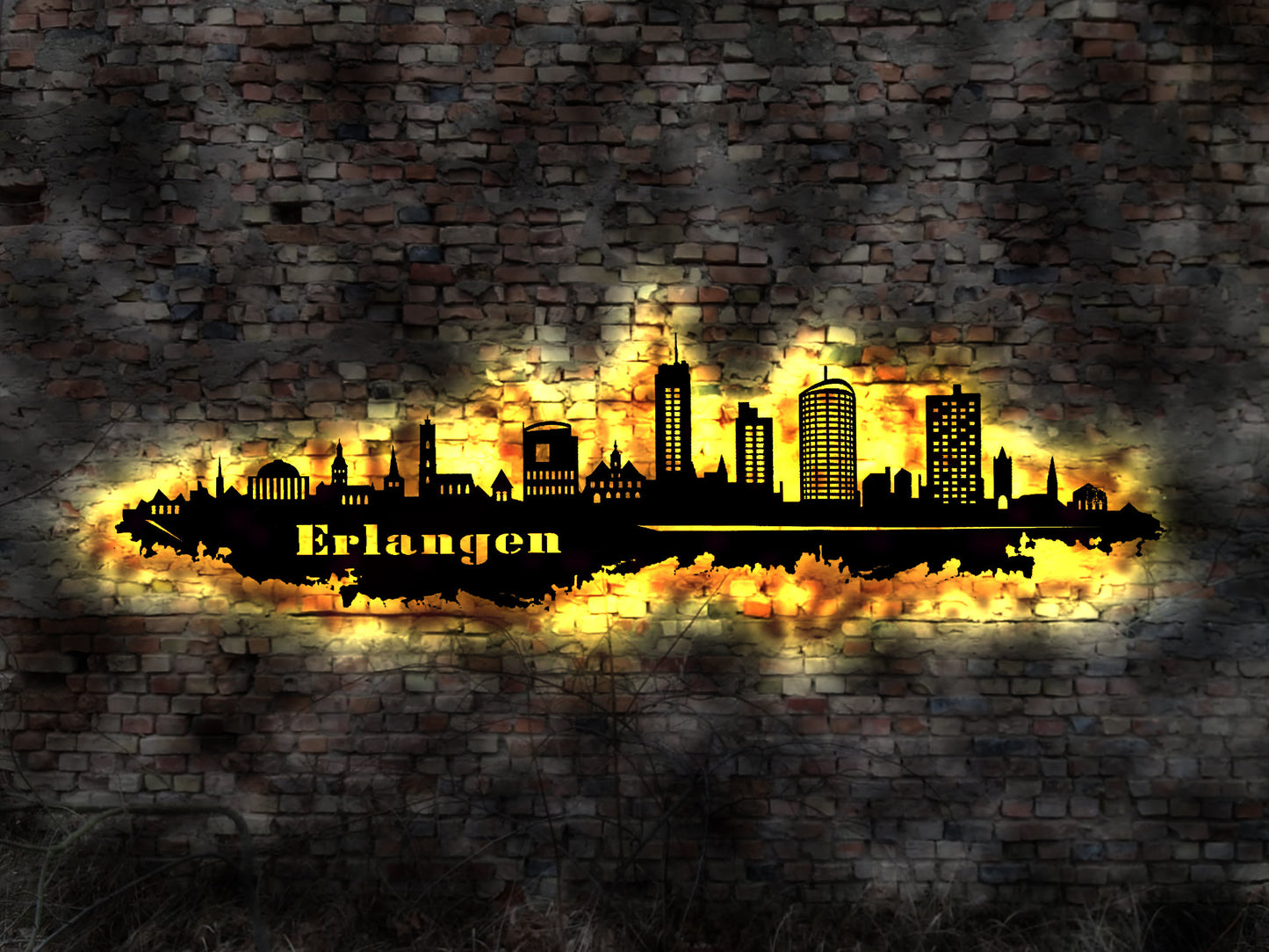 Skyline Erlangen LED Wandbild Holz Stadt AK Karte Map Stadtplan Wandsticker Leuchtbild Neonreklame Wandtattoo Reiseführer Silhouette