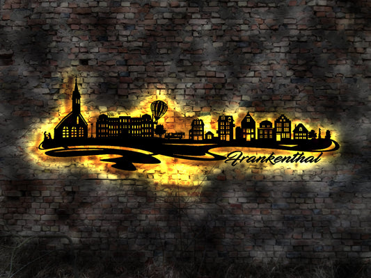 Skyline Frankenthal LED Wandbild Holz Stadt AK Karte Map Stadtplan Wandsticker Leuchtbild Neonreklame Wandtattoo Reiseführer Silhouette
