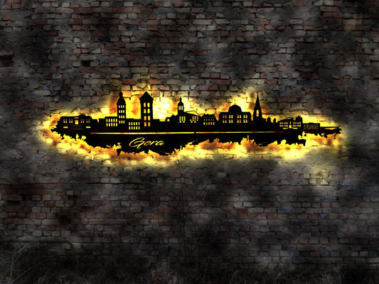 Skyline Gera LED Wandbild Holz Stadt AK Karte Map Stadtplan Wandsticker Leuchtbild Neonreklame Wandtattoo Reiseführer Silhouette