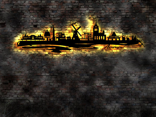 Skyline Amrum Insel Island Urlaub  LED Wandbild Holz Stadt AK Karte Map Wandsticker Leuchtbild Neonreklame Wandtattoo Reiseführer Silhouette