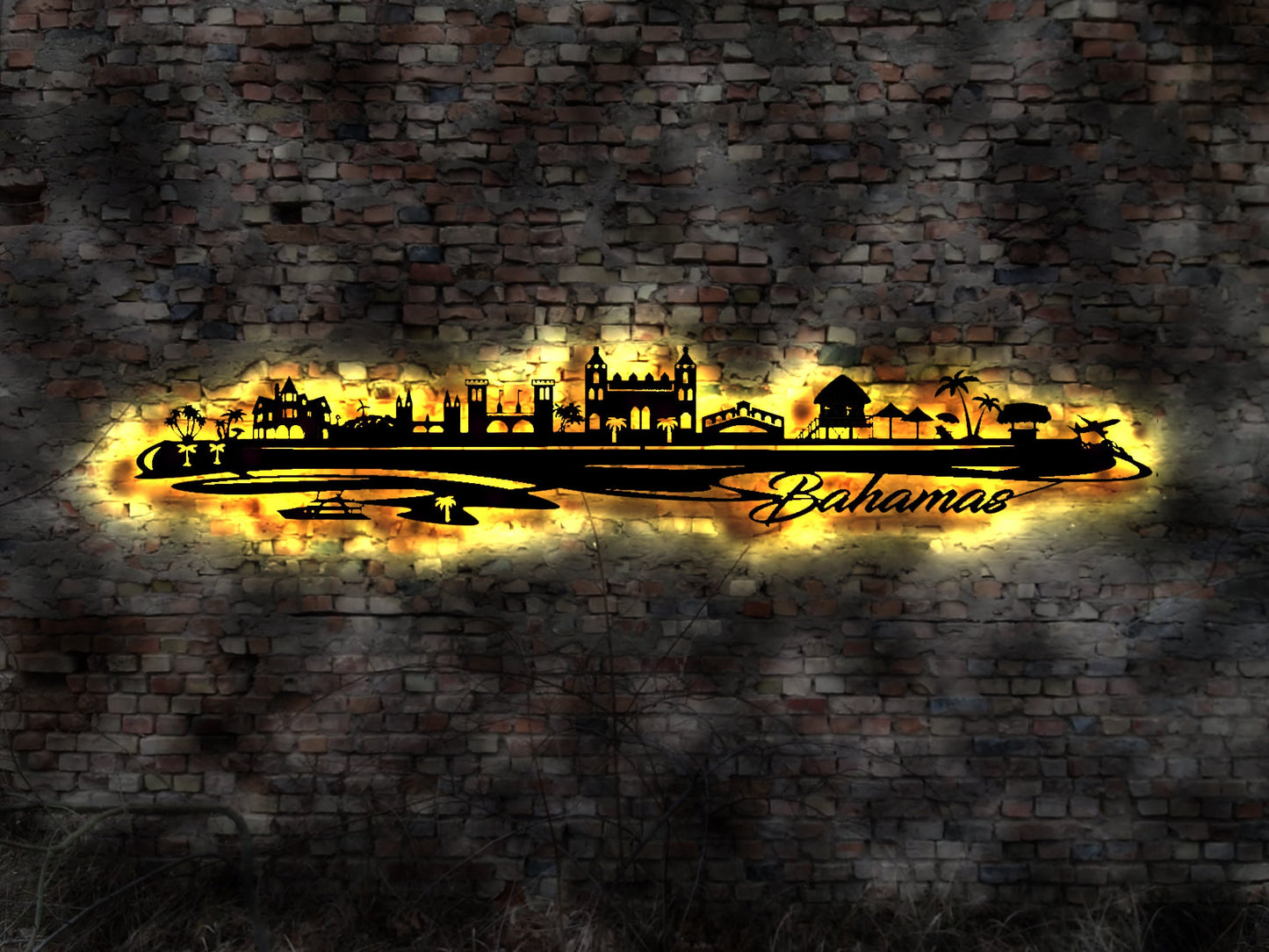 Skyline Bahamas Island Urlaub  LED Wandbild Holz Stadt AK Karte Map Wandsticker Leuchtbild Neonreklame Wandtattoo Reiseführer Silhouette