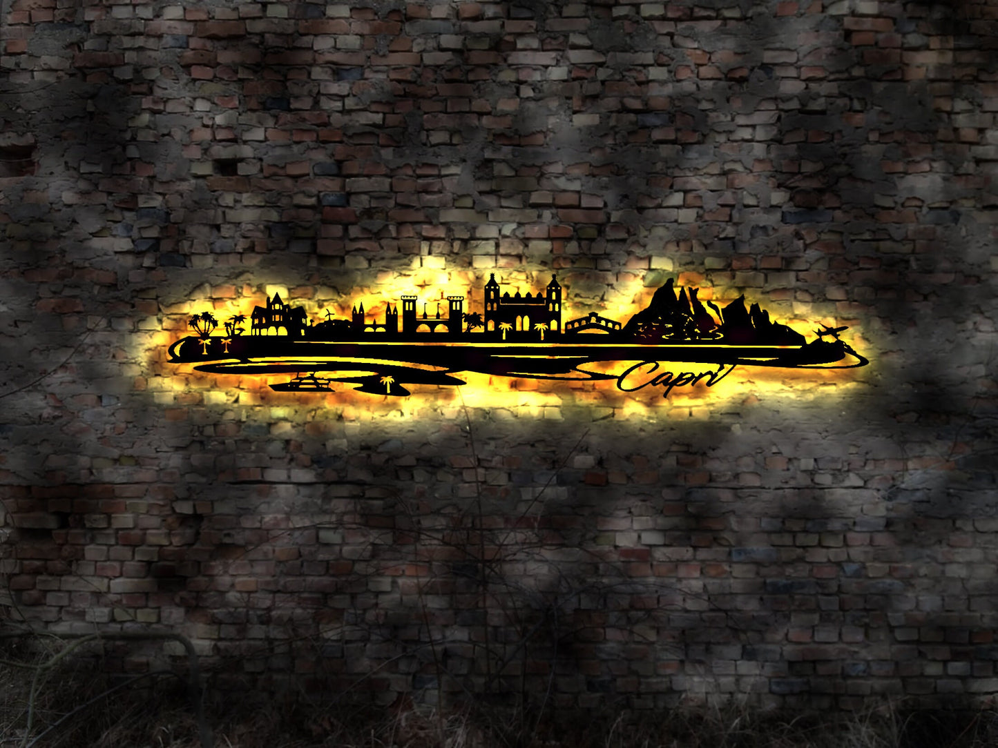 Skyline Capri Meer  Island Urlaub  LED Wandbild Holz Stadt AK Karte Map Wandsticker Leuchtbild Neonreklame Wandtattoo Reiseführer Silhouette