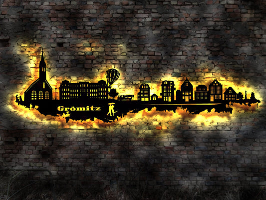 Skyline Grömitz LED Wandbild Holz Stadt AK Karte Map Stadtplan Wandsticker Leuchtbild Neonreklame Wandtattoo Reiseführer Silhouette