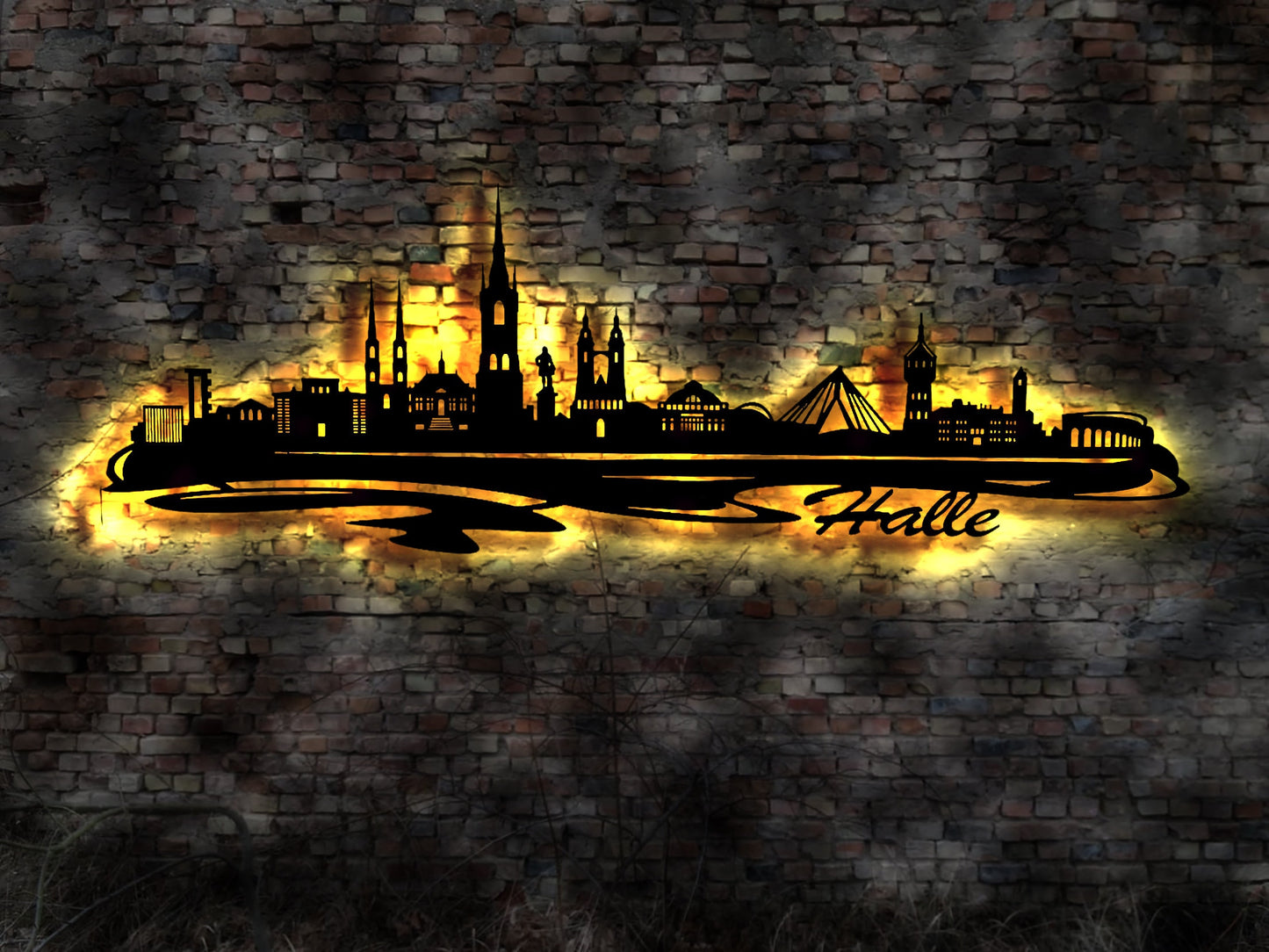 Skyline Halle LED Wandbild Holz Stadt AK Karte Map Stadtplan Wandsticker Leuchtbild Neonreklame Wandtattoo Reiseführer Silhouette