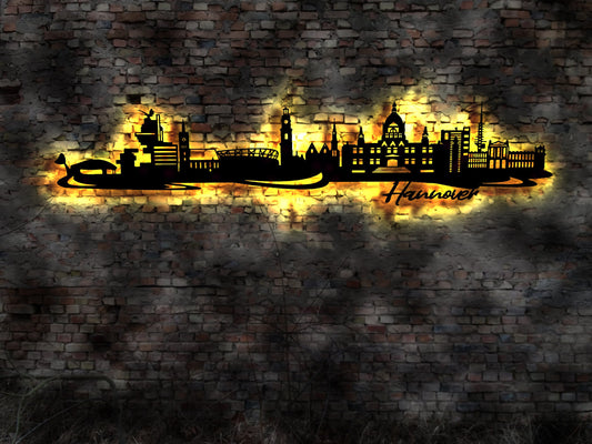 Skyline Hannover LED Wandbild Holz Stadt AK Karte Map Stadtplan Wandsticker Leuchtbild Neonreklame Wandtattoo Reiseführer Silhouette