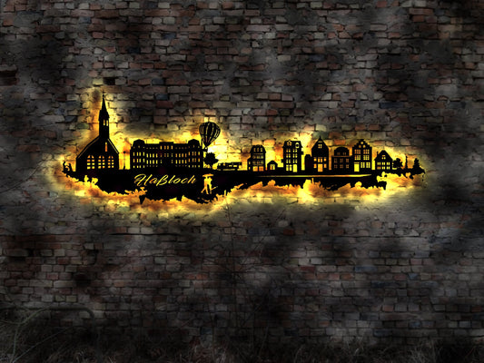 Skyline Haßloch  LED Wandbild Holz Stadt AK Karte Map Stadtplan Wandsticker Leuchtbild Neonreklame Wandtattoo Reiseführer Silhouette