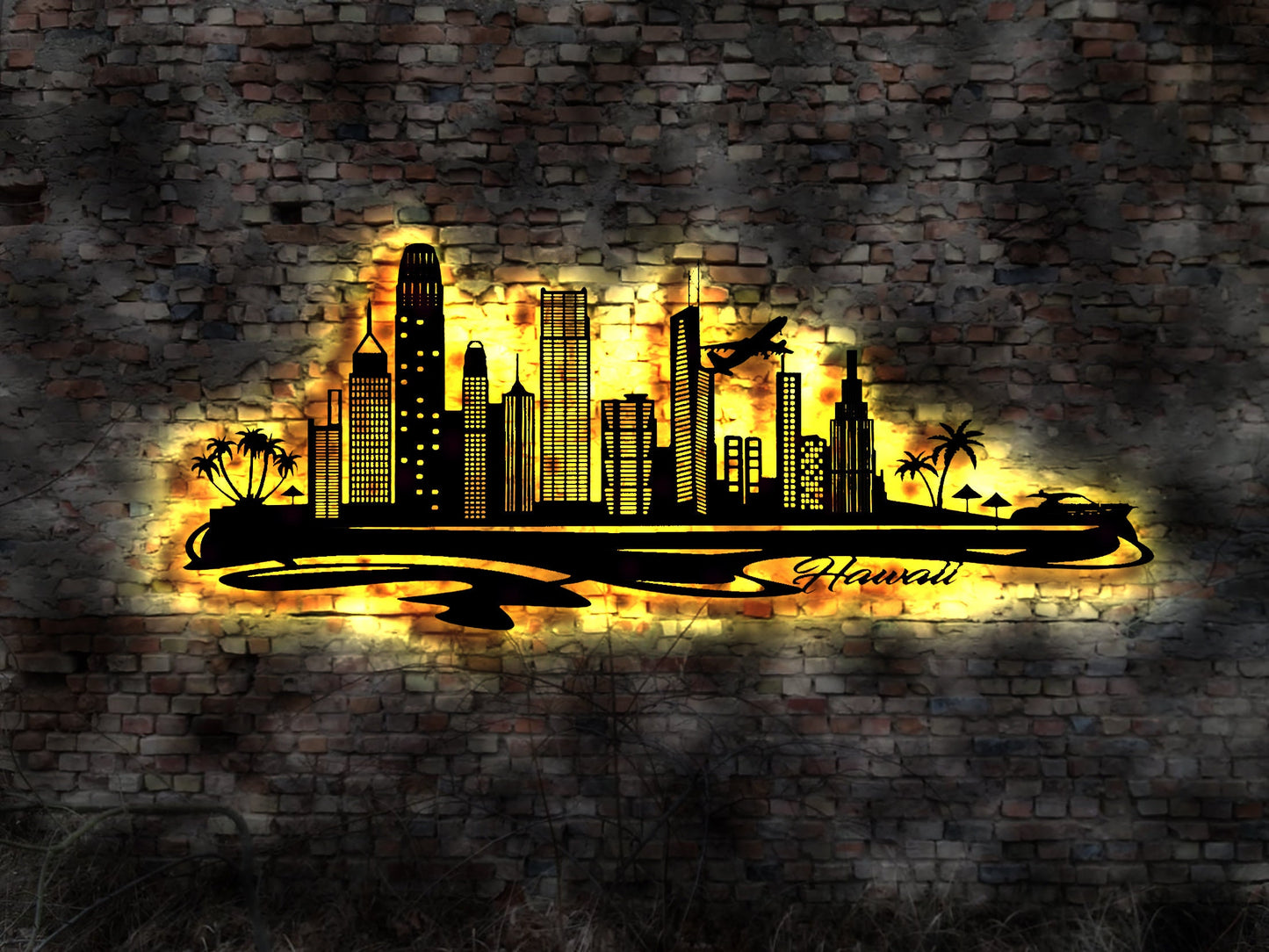 Skyline Hawaii Urlaub  LED Wandbild Holz Stadt AK Karte Map Wandsticker Leuchtbild Neonreklame Wandtattoo Reiseführer Silhouette
