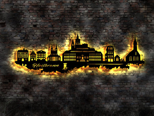 Skyline Heilbronn   LED Wandbild Holz Stadt AK Karte Map Stadtplan Wandsticker Leuchtbild Neonreklame Wandtattoo Reiseführer Silhouette