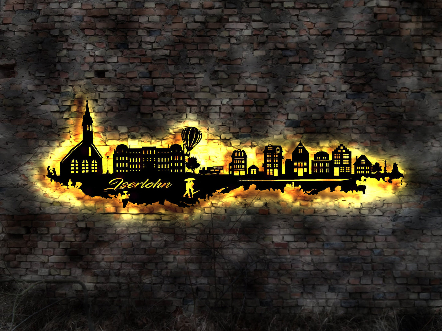 Skyline Iserlohn LED Wandbild Holz Stadt AK Karte Map Stadtplan Wandsticker Leuchtbild Neonreklame Wandtattoo Reiseführer Silhouette