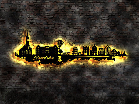 Skyline Iserlohn LED Wandbild Holz Stadt AK Karte Map Stadtplan Wandsticker Leuchtbild Neonreklame Wandtattoo Reiseführer Silhouette