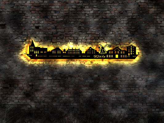Skyline Klütz MV Ostsee  LED Wandbild Holz Stadt AK Karte Map Stadtplan Wandsticker Leuchtbild Neonreklame Wandtattoo Reiseführer Silhouette