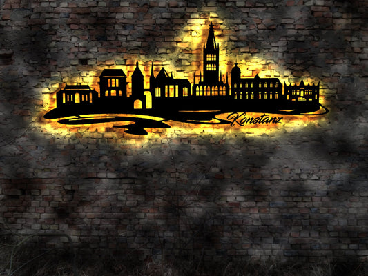 Skyline Konstanz  LED Wandbild Holz Stadt AK Karte Map Stadtplan Wandsticker Leuchtbild Neonreklame Wandtattoo Reiseführer Silhouette