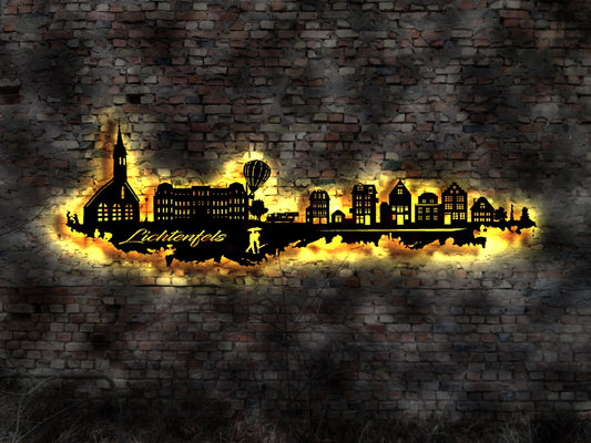Skyline Lichtenfels LED Wandbild Holz Stadt AK Karte Map Stadtplan Wandsticker Leuchtbild Neonreklame Wandtattoo Reiseführer Silhouette