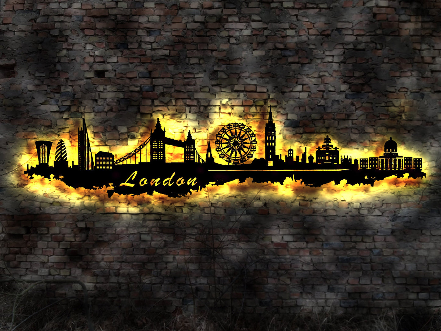 Skyline London UK  LED Wandbild Holz Stadt AK Karte Map Stadtplan Wandsticker Leuchtbild Neonreklame Wandtattoo Reiseführer Silhouette