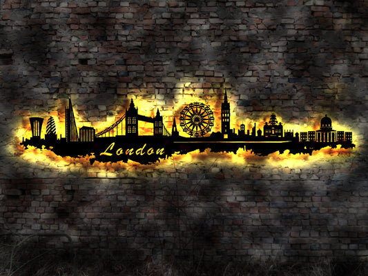 Skyline London UK  LED Wandbild Holz Stadt AK Karte Map Stadtplan Wandsticker Leuchtbild Neonreklame Wandtattoo Reiseführer Silhouette