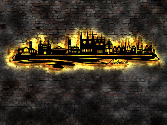 Skyline Lübeck   LED Wandbild Holz Stadt AK Karte Map Stadtplan Wandsticker Leuchtbild Neonreklame Wandtattoo Reiseführer Silhouette