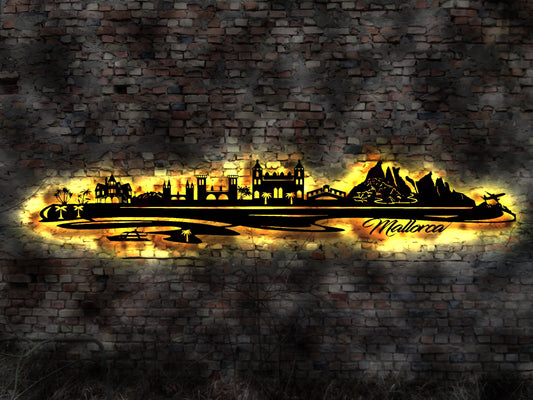 Skyline Insel Mallorca LED Wandbild Holz Stadt AK Karte Map Wandsticker Leuchtbild Neonreklame Wandtattoo Reiseführer Silhouette