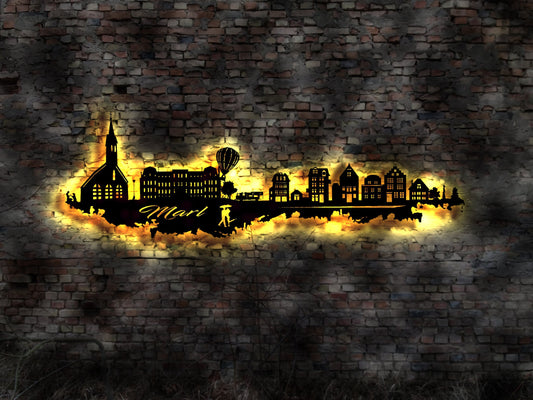 Skyline Marl  LED Wandbild Holz Stadt AK Karte Map Stadtplan Wandsticker Leuchtbild Neonreklame Wandtattoo Reiseführer Silhouette