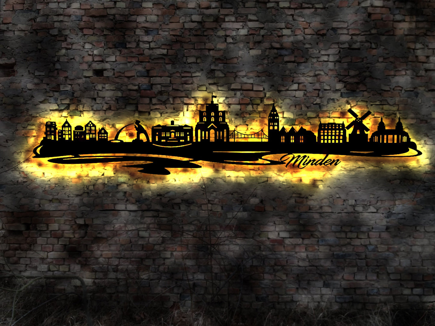 Skyline Minden LED Wandbild Holz Stadt AK Karte Map Stadtplan Wandsticker Leuchtbild Neonreklame Wandtattoo Reiseführer Silhouette