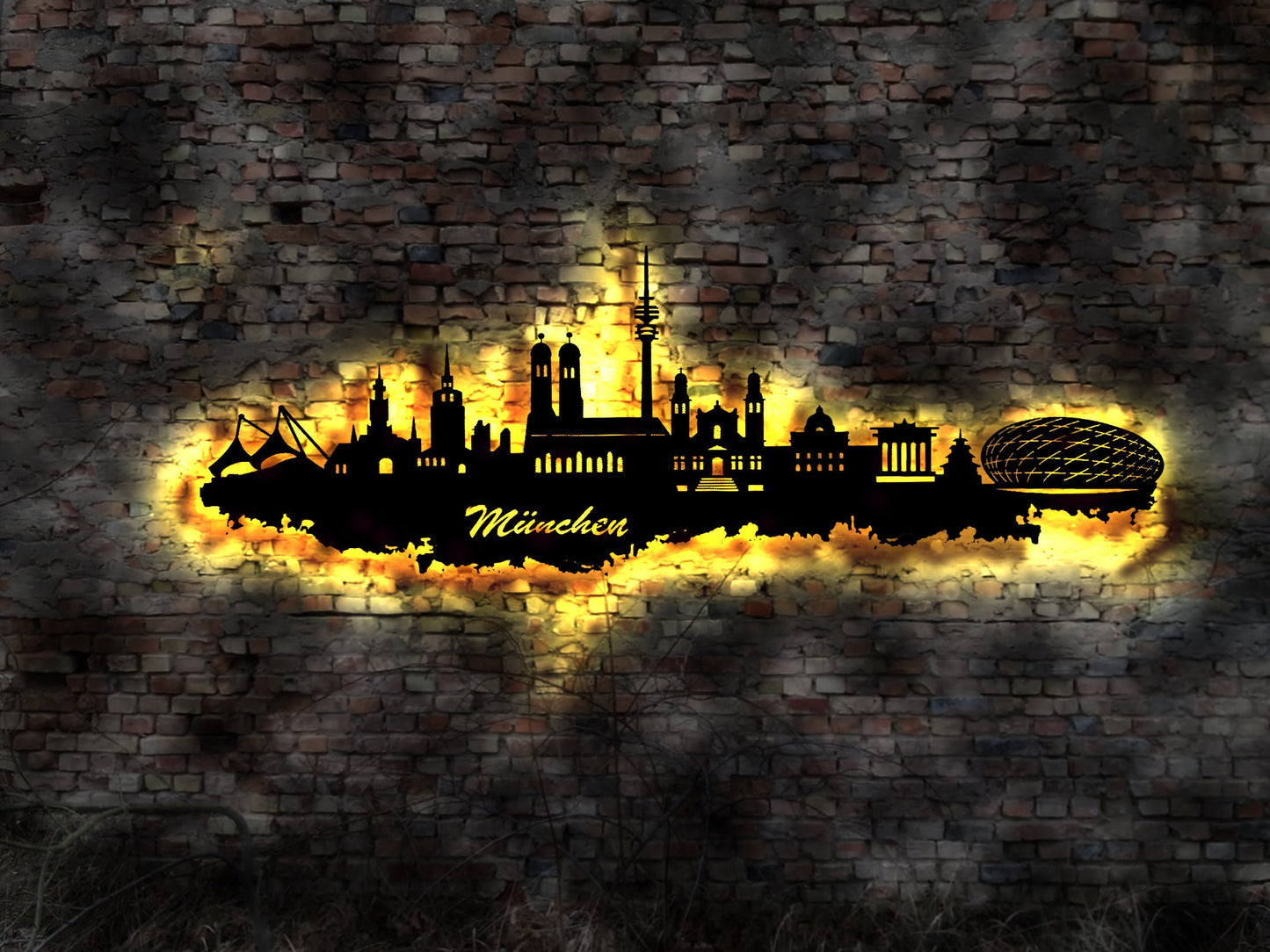 Skyline München LED Wandbild Holz Stadt AK Karte Map Stadtplan Wandsticker Leuchtbild Neonreklame Wandtattoo Reiseführer Silhouette