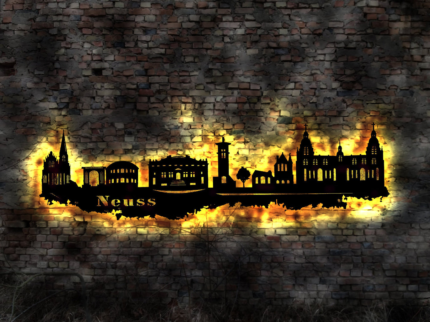 Skyline Neuss LED Wandbild Holz Stadt AK Karte Map Stadtplan Wandsticker Leuchtbild Neonreklame Wandtattoo Reiseführer Silhouette