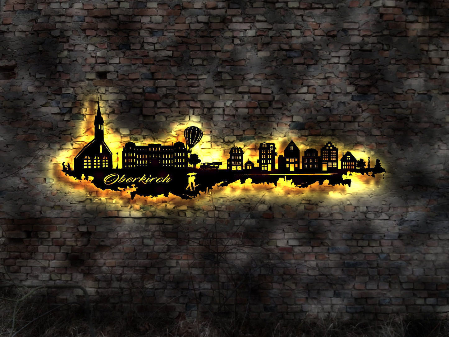 Skyline Oberkirch LED Wandbild   Holz Stadt AK Karte Map Stadtplan Wandsticker Leuchtbild Neonreklame Wandtattoo Reiseführer Silhouette