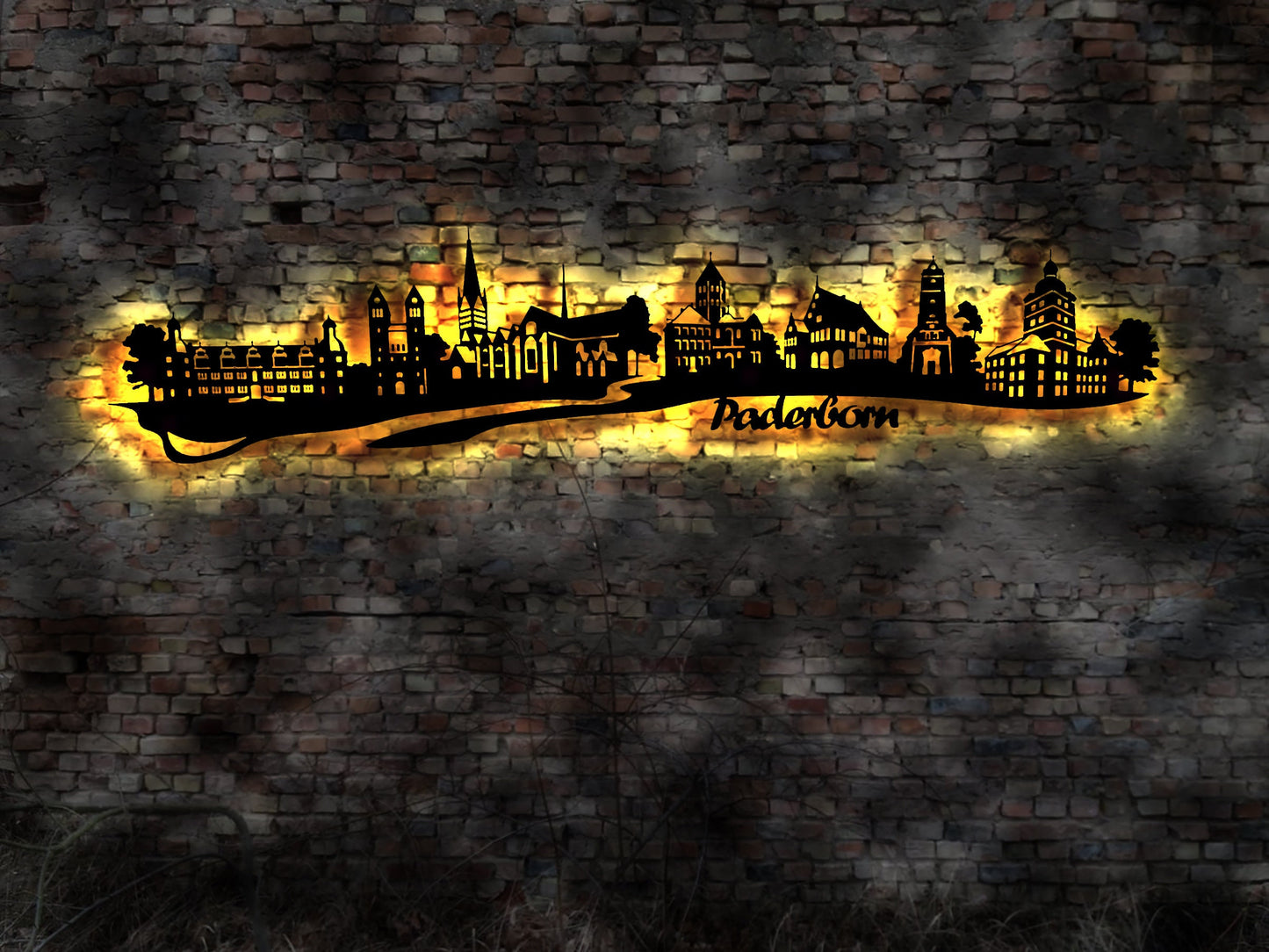 Skyline Paderborn LED Wandbild   Holz Stadt AK Karte Map Stadtplan Wandsticker Leuchtbild Neonreklame Wandtattoo Reiseführer Silhouette