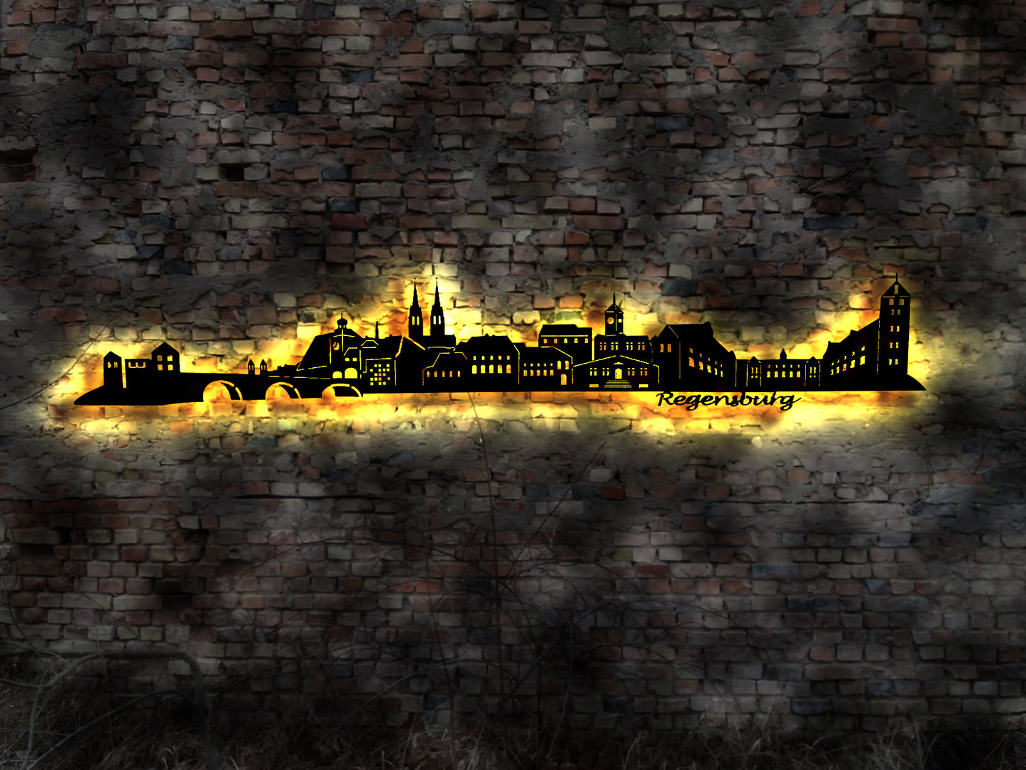 Skyline Regensburg LED Wandbild Holz Stadt AK Karte Map Stadtplan Wandsticker Leuchtbild Neonreklame Wandtattoo Reiseführer Silhouette