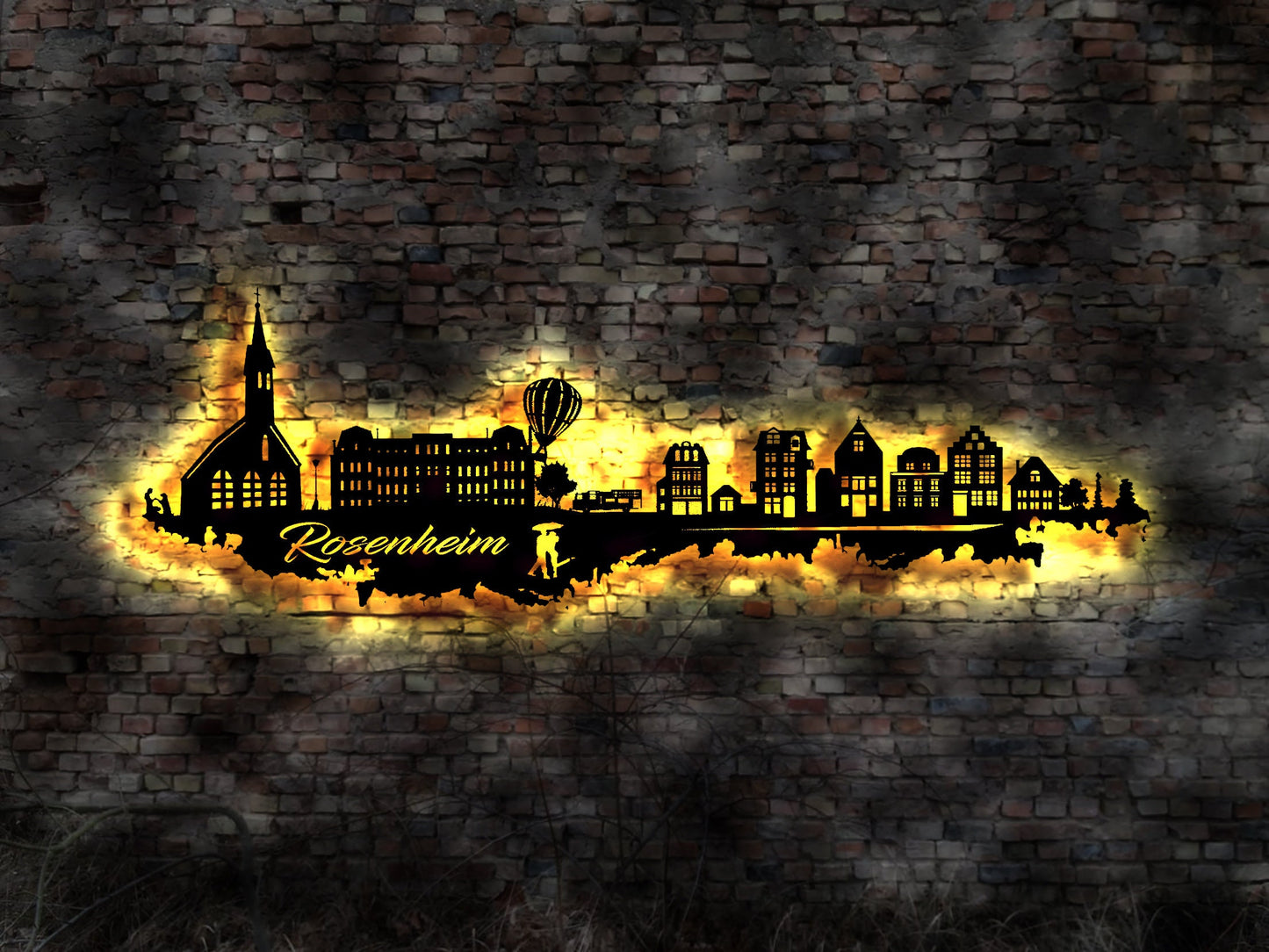 Skyline Rosenheim LED Wandbild Holz Stadt AK Karte Map Stadtplan Wandsticker Leuchtbild Neonreklame Wandtattoo Reiseführer Silhouette