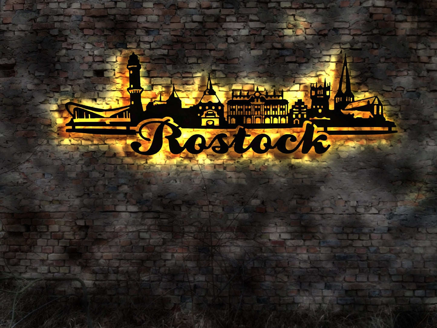 Skyline Rostock LED Wandbild Holz Stadt AK Karte Map Stadtplan Wandsticker Leuchtbild Neonreklame Wandtattoo Reiseführer Silhouette