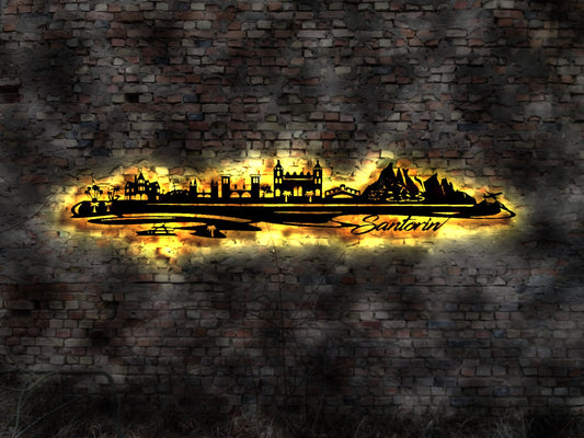 Skyline Insel Santorin LED Wandbild Holz Stadt AK Karte Map Wandsticker Leuchtbild Neonreklame Wandtattoo Reiseführer Silhouette