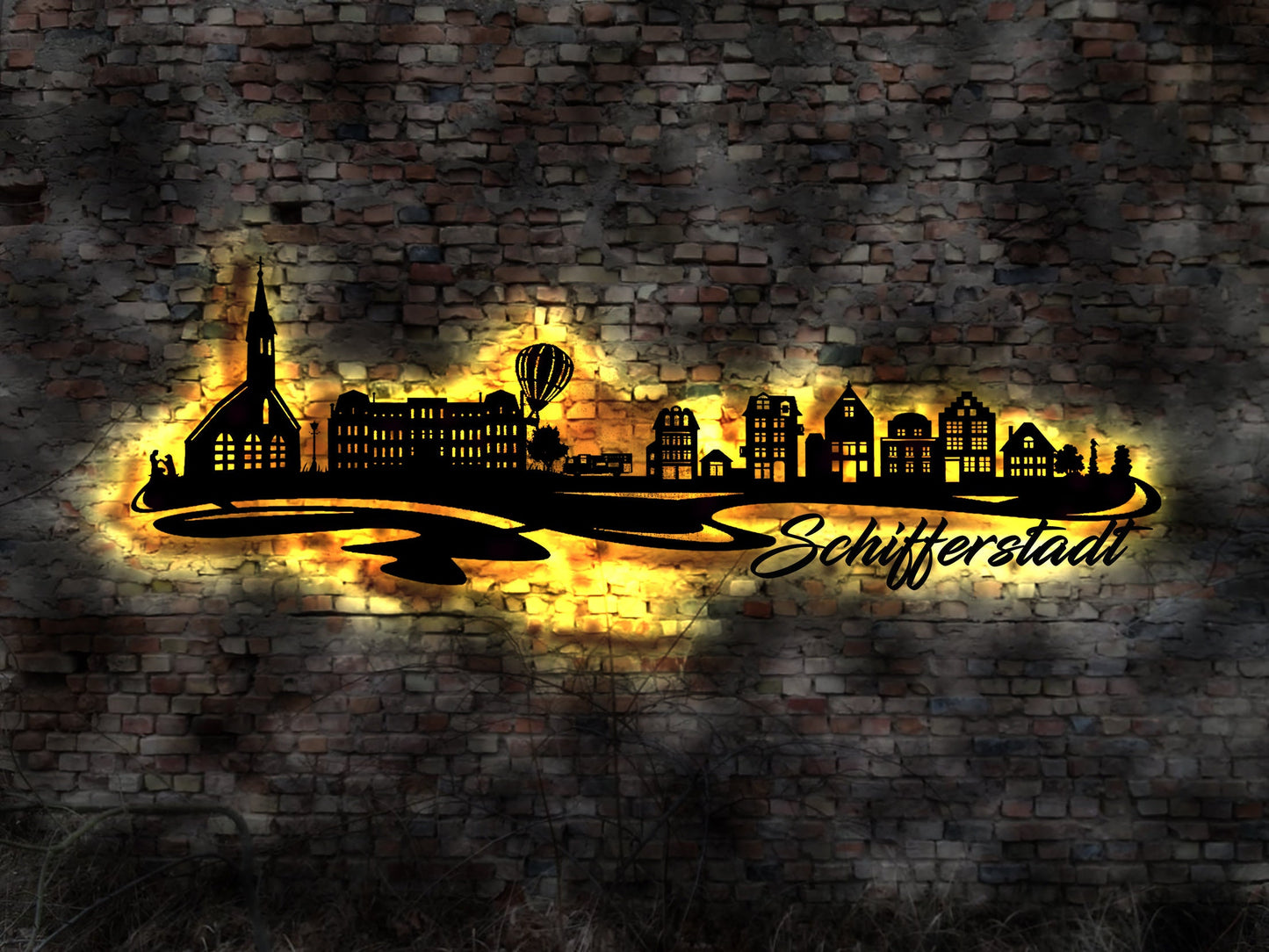 Skyline Schifferstadt LED Wandbild Holz Stadt AK Karte Map Stadtplan Wandsticker Leuchtbild Neonreklame Wandtattoo Reiseführer Silhouette