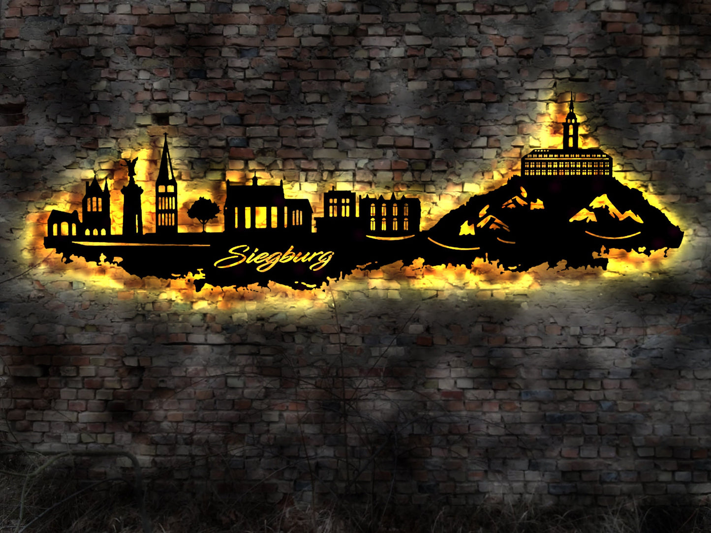 Skyline Siegburg LED Wandbild Holz Stadt AK Karte Map Stadtplan Wandsticker Leuchtbild Neonreklame Wandtattoo Reiseführer Silhouette