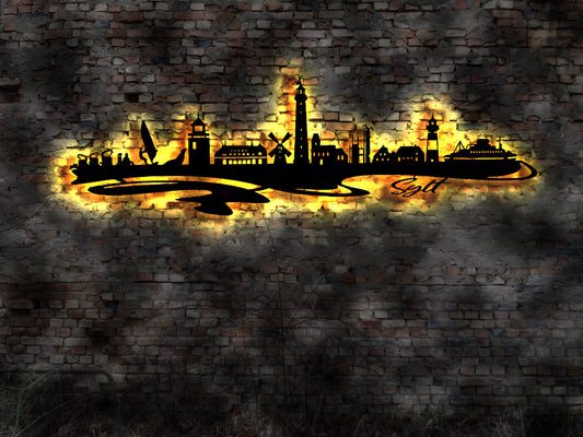 Skyline Insel Sylt Nordsee Urlaub LED Wandbild Holz Stadt AK Karte Map Wandsticker Leuchtbild Neonreklame Wandtattoo Reiseführer Silhouette