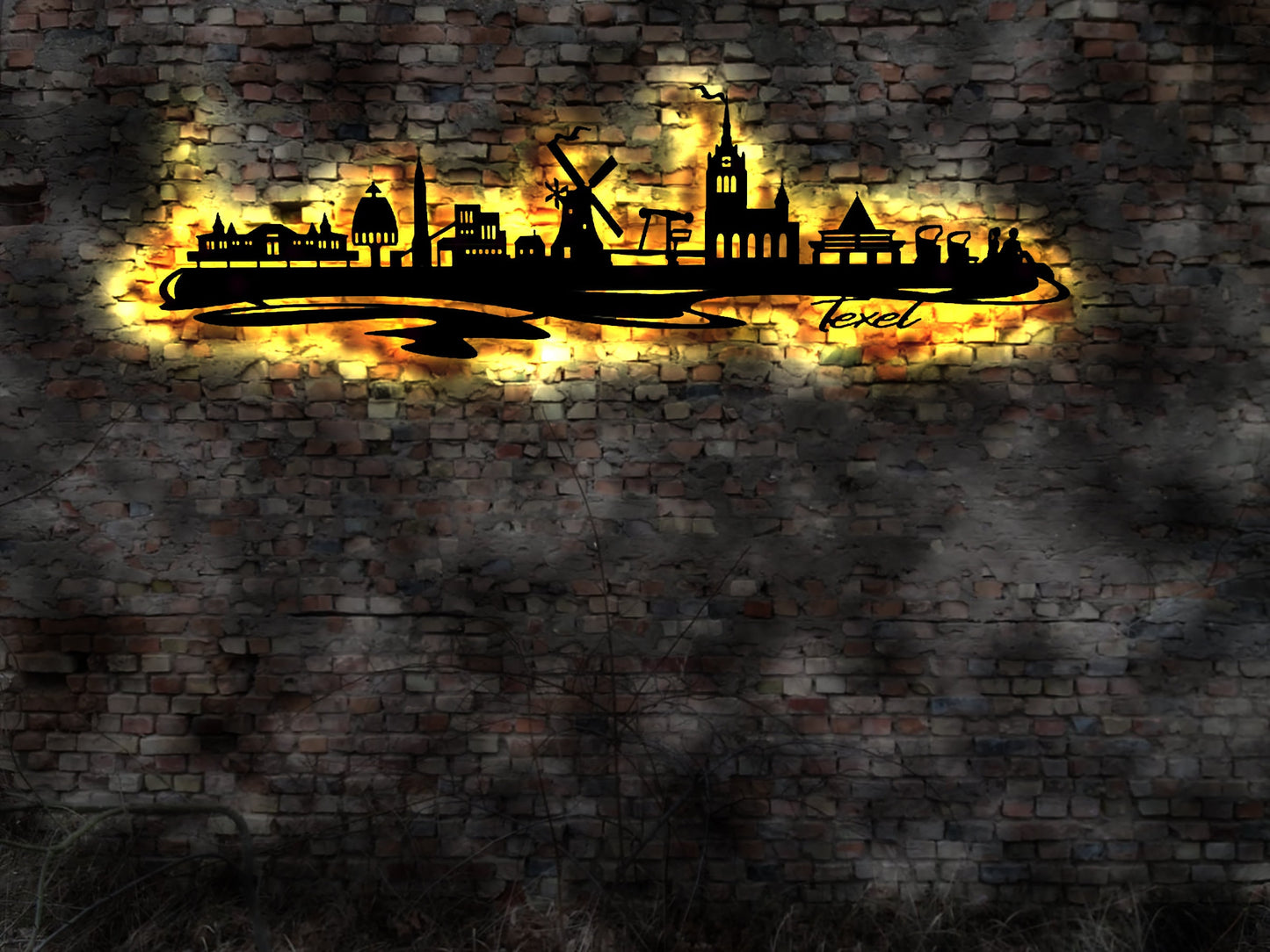 Skyline Texel Insel Island LED Wandbild Holz Stadt AK Karte Map Wandsticker Leuchtbild Neonreklame Wandtattoo Reiseführer Silhouette