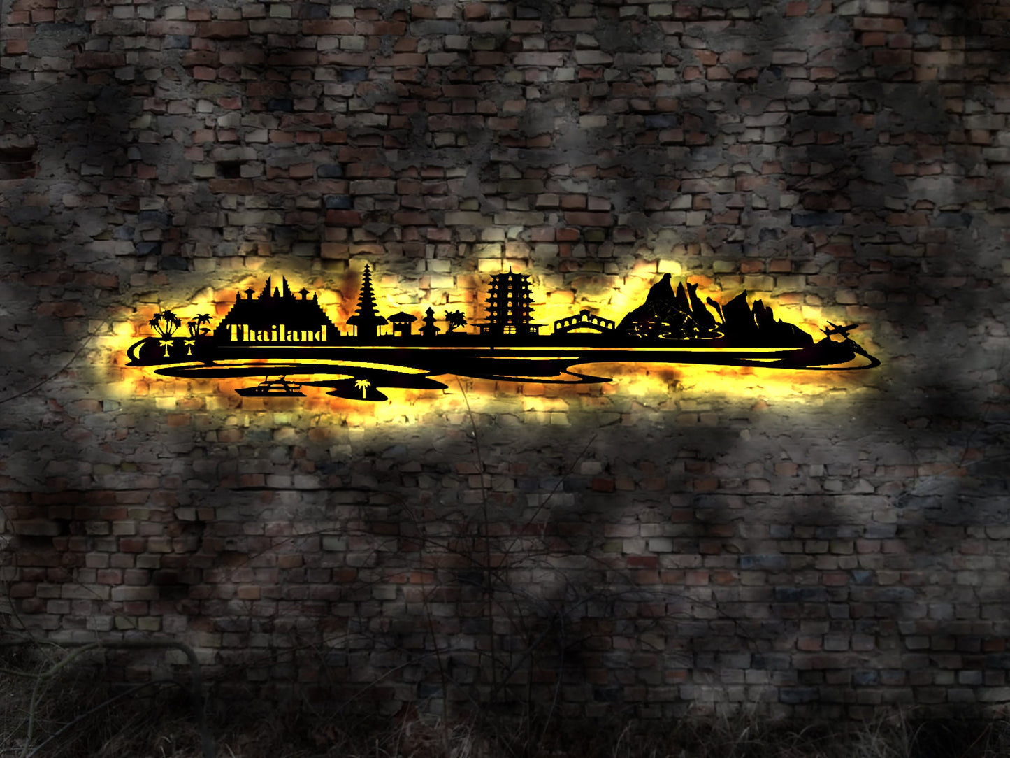 Skyline Thai Thailand LED Wandbild Holz Stadt AK Karte Map Stadtplan Wandsticker Leuchtbild Neonreklame Wandtattoo Reiseführer Silhouette