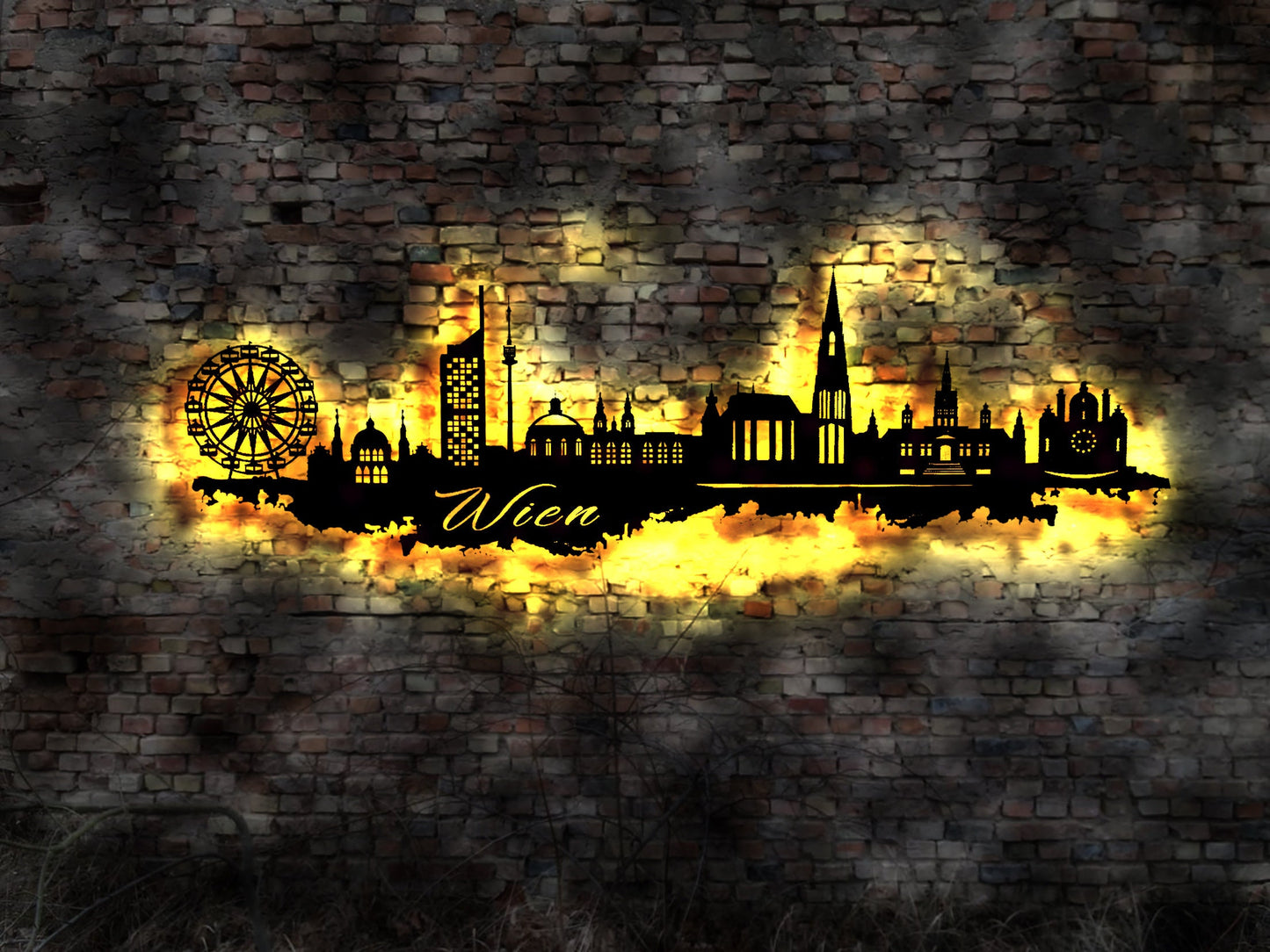 Skyline Wien Vienna Austria Wandbild Holz Stadt AK Karte Map Stadtplan Wandsticker Leuchtbild Neonreklame Wandtattoo Reiseführer Silhouette