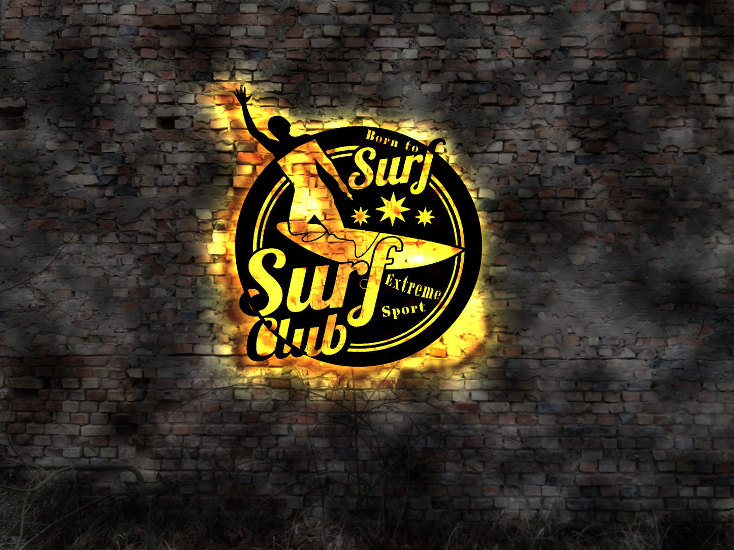 Surfen Surfer surfing Surfbrett Deko Aufkleber Bild Wandtattoo Silhouette Emblem Schild sign Wandtattoo Bild Schild Wanddeko Club Verein