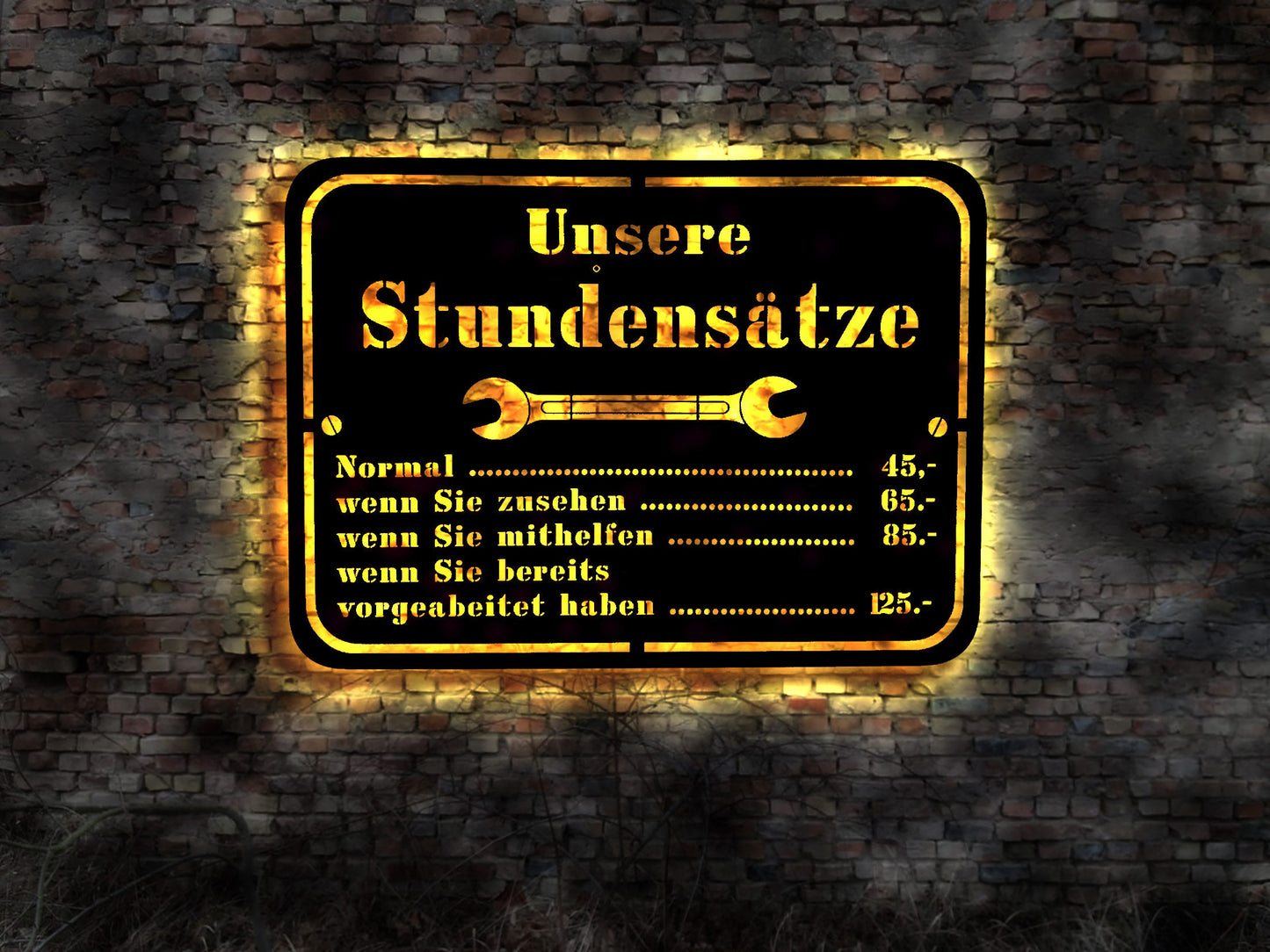 LED Wandbild Unsere Stundensätze Neonreklame Blechschild Retro Sign Werkstatt V8 Motor Getriebe Werkstattschild Schild Garage KFZ Meister