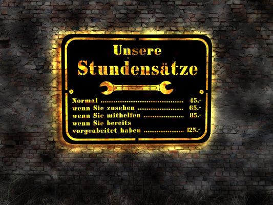 LED Wandbild Unsere Stundensätze Neonreklame Blechschild Retro Sign Werkstatt V8 Motor Getriebe Werkstattschild Schild Garage KFZ Meister